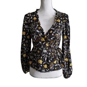 Universal Thread Black Floral Wrap Top Blouse Size XS